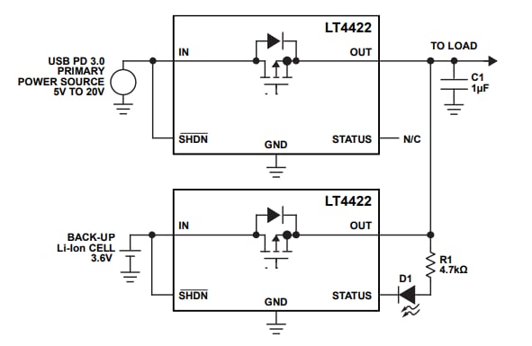 アプリケーション回路図 - Analog Devices Inc. LT4422 理想ダイオード